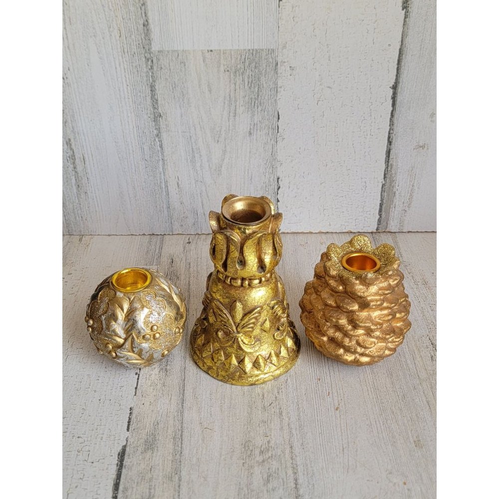 Candle‎ holder golden rustic pinecone set variety xmas home decor
